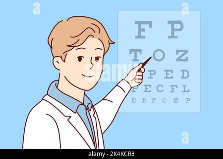 Lächelnder männlicher Arzt in weißer Uniform zeigt Briefe an Bord für den Patienten. Glücklicher Augenarzt oder Augenarzt führen eine Untersuchung für den Patienten durch. Vektorgrafik. Stock Vektor