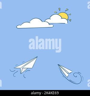 Vektor-Satz von Hand gezeichneten Doodle Papier Flugzeug isoliert auf weißem Hintergrund. Liniensymbol für Reise und Route. Stock Vektor