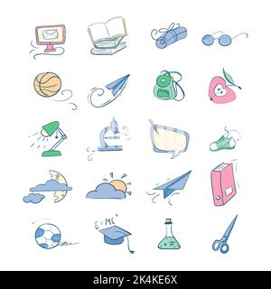 Schule Skizze Illustration Set. Back to School Vektorsammlung mit Zubehör, Büchern und Notizbüchern, Rucksack, Apfel, Sprechblase, Mikroskop und Stock Vektor