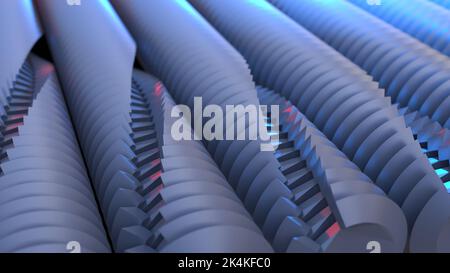 3D Rendering von Sequenzen langer, mechanisch-ähnlicher Dinge mit hellblauem Umgebungslicht. Ein Werk abstrakter geometrischer Kunst Stockfoto