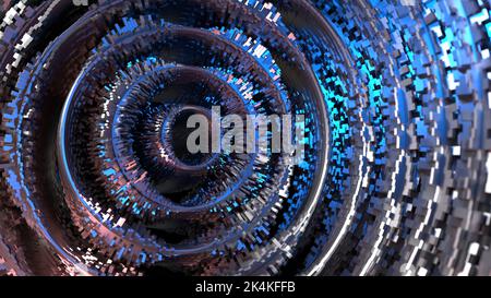 3D Wiedergabe von dunklen, welligen Objekten, die einem lauten Puls oder rauem Sound ähneln, mit hellem Rot- und Blaulicht. Ein Werk abstrakter Geometrie Stockfoto