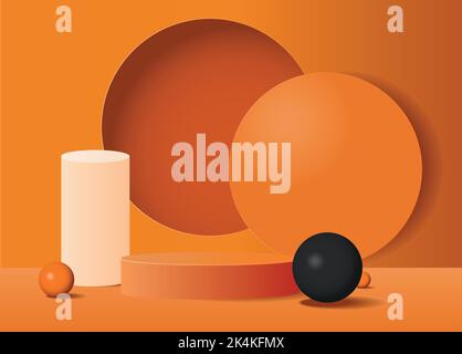 Abstrakt Creme 3D Zimmer mit einem Set von realistischen orange und purpurfarbenen Zylindern Podest Podium. Geometrisches Formelement. Minimale Szene für die Präsentation der Produktanzeige. Runde Bühne für Vitrine Stock Vektor