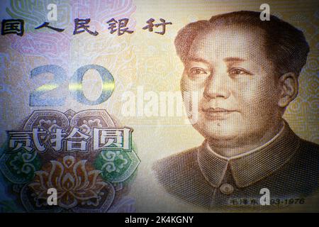 Chinesische 20 Yuan Geld, Banknote aus der Nähe. 20 Yuan aus China Stockfoto