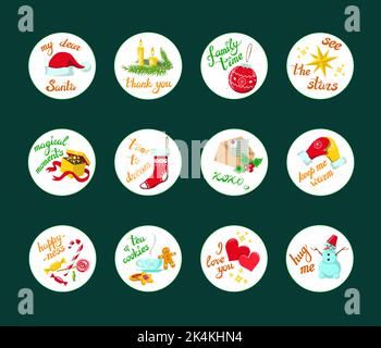 Set mit 12 runden niedlichen Weihnachtsstickern, Designelementen, Neujahrsobjekten, Symbolen, handgeschriebenen Hygge-Phrasen Stock Vektor