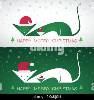 Vektor fröhlich weihnachten Gruß Katze Karte auf grünem Hintergrund und whiet Hintergrund. Stock Vektor