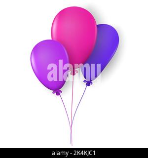 Haufen von drei Ballons blau, rosa, lila Farbe mit Highlights und Schatten auf Seil isoliert auf weißem Hintergrund. Vektorgrafik. Stock Vektor