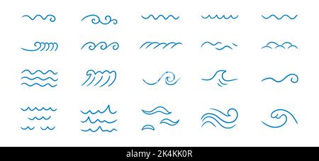 „Wave Sea Line Doodle“-Symbol-Set. Handgezeichnete Skizze Wasserwellenumriss. Einfache Kurve, kritzelte Wasserströmung. Isolierte Vektordarstellung. Stock Vektor