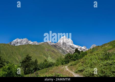 Ushba Berg (4710m hoch) in Upper Svaneti, Georgia. Blick vom Guli-Tal. Stockfoto