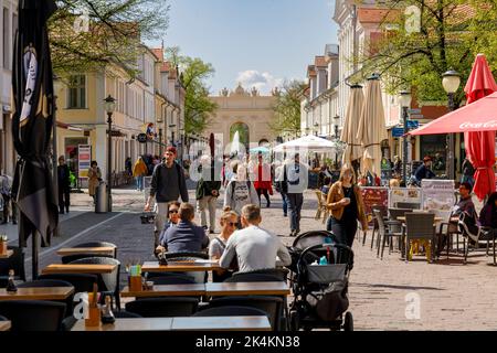 Fußgängerzone Brandenburger Straße in Potsdam, weithin bekannt als Broadway oder Boulevard, Blick auf das Brandenburger Tor Stockfoto