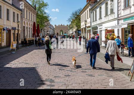 Fußgängerzone Brandenburger Straße in Potsdam, weithin bekannt als Broadway oder Boulevard, Blick auf das Brandenburger Tor Stockfoto