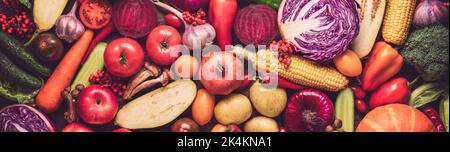 Panoramafoto einer frischen Ernte von Obst und Gemüse. Eine Mischung aus gesunden Nährstoffen Vitamine und Antioxidantien, eine bunte hell appetitlich Backgr Stockfoto