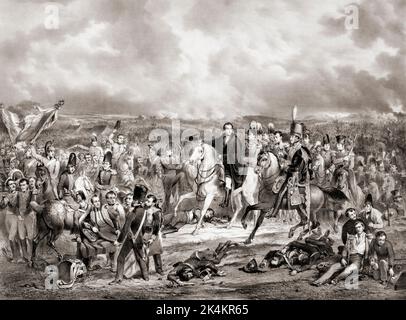 Die Schlacht von Waterloo, 19. Juni 1815. Wellington im Zentrum erhält die Nachricht, dass seine preußischen Verbündeten in der Nähe sind. Links wird der verwundete William, Prinz von Orange, auf einem Wurf fortgetragen. Der Kampf tobt im Hintergrund. Nach einem Gemälde von Jan Willem Pieneman. Stockfoto