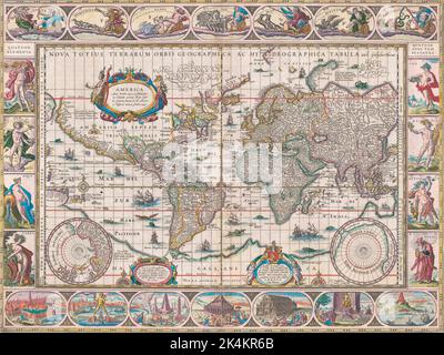 Weltkarte aus dem Jahr 1634/1635 von Willem Blaeu. Nova totius terrarum orbis geographica ac hydrographica tabula. Unten auf der Karte sind Illustrationen der sieben Wunder der antiken Welt zu sehen. Stockfoto