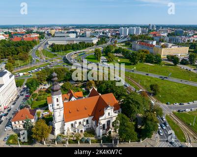 Breslau. Luftaufnahme der Altstadt von Breslau. Bunte Dächer der historischen Stadt Breslau, Polen. Europa. Stockfoto