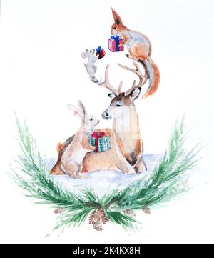Weihnachten Tier Illustration. Ein Hirsch, ein Hase, ein Eichhörnchen und eine Maus schenken einander Geschenke. Stockfoto