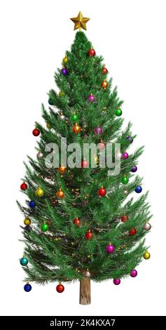 3D Rendering realistischer Weihnachtsbaum mit Glanz Glitzer Weihnachtskugel und buntem Licht isoliert auf weißem Hintergrund.für Frohe Weihnachten Design Ele Stockfoto