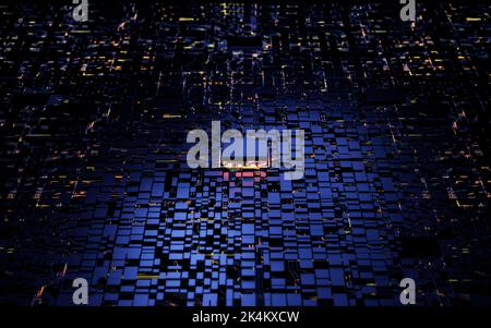 3D Rendering Mikroprozessor CPU-Chipsatz zentrale Prozessoreinheit auf der Hauptplatine des Beleuchtungskreises. Cyber- und Zukunftskonzept, Hardware, Stockfoto