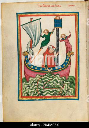 Der "Codex Manesse", auch bekannt als das "große Heidelberger Liederbuch" (Cod. Keimzelle 848), entstand zwischen ca. 1300 und ca. 1340 in Zürich und ist die umfassendste Sammlung von Balladen und epigrammatischer Poesie in mittelhochdeutscher Sprache. Es besteht aus 426 Pergamentblättern, jeweils 35,5 x 25 cm, doppelseitig, Paginierung in der Hand eines späteren Schreibers hinzugefügt. Zusätzlich enthält der Codex 140 leere Seiten und zahlreiche Seiten teilweise leer. Großes Heidelberger Liederbuch. Große Heidelberger Liederhandschrift. Codex Manesse. Illuminierte Handschrift, mittelalterliche Kunst. Heidelberg, Univ Stockfoto