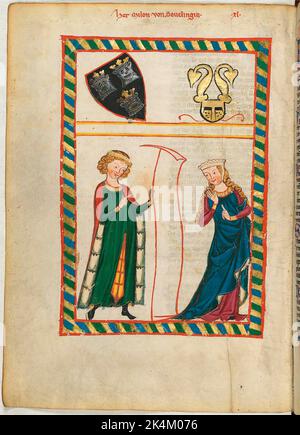 Der "Codex Manesse", auch bekannt als das "große Heidelberger Liederbuch" (Cod. Keimzelle 848), entstand zwischen ca. 1300 und ca. 1340 in Zürich und ist die umfassendste Sammlung von Balladen und epigrammatischer Poesie in mittelhochdeutscher Sprache. Es besteht aus 426 Pergamentblättern, jeweils 35,5 x 25 cm, doppelseitig, Paginierung in der Hand eines späteren Schreibers hinzugefügt. Zusätzlich enthält der Codex 140 leere Seiten und zahlreiche Seiten teilweise leer. Großes Heidelberger Liederbuch. Große Heidelberger Liederhandschrift. Codex Manesse. Illuminierte Handschrift, mittelalterliche Kunst. Heidelberg, Univ Stockfoto