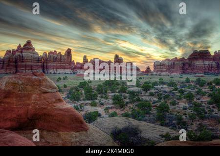 Sonnenaufgang über dem The Nedles District im Canyonlands National Park, Utah. Stockfoto