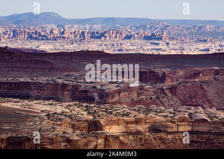 Südansicht von Murphy's Hogback auf dem White Rim Trail in Richtung Needles District im Canyonlands Natioinal Park, Utah. Stockfoto