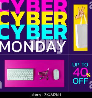 Zusammensetzung von Cyber monday-Text über Tastatur, Computermaus und Einkaufstasche mit der Hand Stockfoto