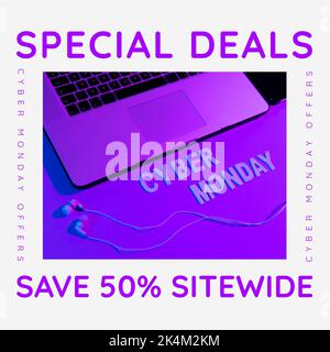 Komposition von Special Deals Text über Cyber monday Text mit Laptop auf violettem Hintergrund Stockfoto