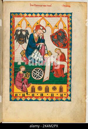 Der "Codex Manesse", auch bekannt als das "große Heidelberger Liederbuch" (Cod. Keimzelle 848), entstand zwischen ca. 1300 und ca. 1340 in Zürich und ist die umfassendste Sammlung von Balladen und epigrammatischer Poesie in mittelhochdeutscher Sprache. Es besteht aus 426 Pergamentblättern, jeweils 35,5 x 25 cm, doppelseitig, Paginierung in der Hand eines späteren Schreibers hinzugefügt. Zusätzlich enthält der Codex 140 leere Seiten und zahlreiche Seiten teilweise leer. Großes Heidelberger Liederbuch. Große Heidelberger Liederhandschrift. Codex Manesse. Illuminierte Handschrift, mittelalterliche Kunst. Heidelberg, Univ Stockfoto