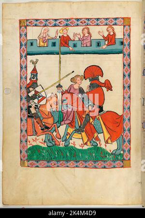 Der "Codex Manesse", auch bekannt als das "große Heidelberger Liederbuch" (Cod. Keimzelle 848), entstand zwischen ca. 1300 und ca. 1340 in Zürich und ist die umfassendste Sammlung von Balladen und epigrammatischer Poesie in mittelhochdeutscher Sprache. Es besteht aus 426 Pergamentblättern, jeweils 35,5 x 25 cm, doppelseitig, Paginierung in der Hand eines späteren Schreibers hinzugefügt. Zusätzlich enthält der Codex 140 leere Seiten und zahlreiche Seiten teilweise leer. Großes Heidelberger Liederbuch. Große Heidelberger Liederhandschrift. Codex Manesse. Illuminierte Handschrift, mittelalterliche Kunst. Heidelberg, Univ Stockfoto