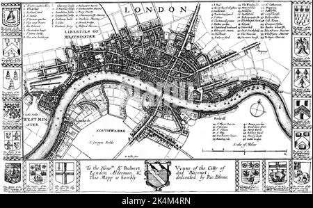 Plan von London, c1673. Von Wenceslaus Hollar (1607-1677). Ein Plan, der London vor dem großen Feuer Londons zeigt. Die Karte zeigt London von Westminster bis Stepney und von St. George's Fields im Süden bis zu Feldern nördlich der Stadt. Aus Richard Blomes 'Britannia', London 1673.
