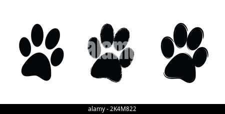 Hunde oder Katzen Pfoten Symbol. Cartoon Hund oder Katze Fußabdruck, Funny Vektor Hund oder Katze Zeichen. Lovers Silhouette. Tag der Tiere. Lustige Schritte oder Schritte. Stockfoto