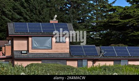 Solarmodule installiert und betrieben auf Wohndach, Solaranlage, Sitka Fichte Hain im Hintergrund, Kalifornien. Stockfoto