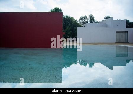 Luis Barragans Cuadra San Cristobal rosa Wand, endemische Vegetation und sandiger Boden im Hintergrund Stockfoto