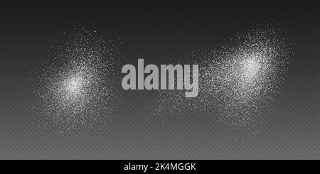 Zuckerpulverspritzer, fliegendes Salz, Backmehl Draufsicht. Weißes Pulver. Stock Vektor