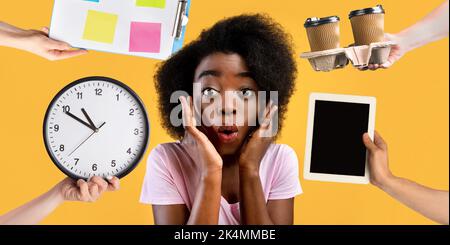 Schockiert nette schwarze Dame mit Problemen mit Zeitmanagement Stockfoto