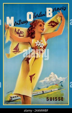 Vintage Travel Poster für die Montreux Oberland Bernois Railway in der Schweiz 1950 Werbeplakat für Reisen auf der berühmten Montreux Oberland Bernois Bahn in der Schweiz. Die MOB ist eine der frühesten Elektrobahnen des Landes und verbindet Montreux, das Skigebiet Gstaad und Interlaken und verbindet sie mit der Jungfrau-Bahn. Auf dem Poster ist eine junge Dame mit einem Kleid und einem Schal zu sehen, die mit typischen Schweizer Bildern bedruckt ist, darunter ein Segelboot, traditionelle Schweizer Hausedelweiss-Blumen, mit Zug und schneebedecktem Berggipfel am unteren Rand des von Lith gedruckten Posters. Klausfelder SA in Vevey Stockfoto