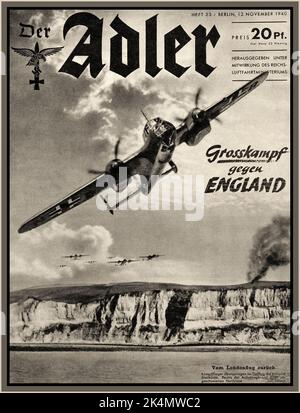 THE BLITZ BATTLE OF BRITAIN WW2 DER Adler Nazi Luftwaffe Propaganda Magazine 1940 ‘GROSSKAMPF gegen ENGLAND’ „Big Fight over England“ mit Nazi-Deutschland Luftwaffenbomber und Kampfflugzeuge fliegen über die Weißen Klippen von Dover Großbritannien Zweiten Weltkrieg Schlacht von Großbritannien und der Blitz Stockfoto