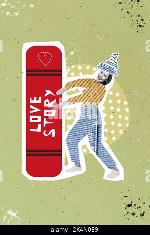 Collage 3D Bild von Pinup Pop retro Skizze von lustig funky Frau Romantik Genre Literatur Liebhaber ziehen große Buch romantische Buchhandlung Werbung Stockfoto