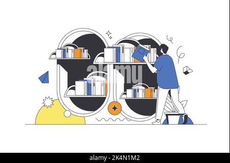 Cloud-Bibliothek Web-Konzept in flacher Umriss-Design mit Charakter. Mann liest E-Books und Speicher auf einem Laptop mit Cloud-Technologie. Online-Schulungen Stock Vektor