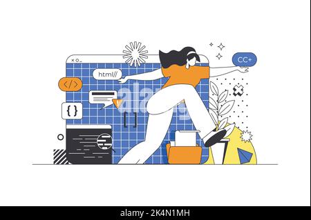 Programmiersoftware Web-Konzept in flacher Umrissgestaltung mit Charakter. Frau Entwickler Codierung in verschiedenen Sprachen, erstellt Programme und optimiert Stock Vektor