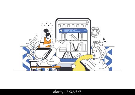 Webkonzept der Online-Bibliothek in flacher Gliederung mit Schriftzeichen. Frau liest E-Books, speichert Bücher in Cloud-Speicher oder auf einem Gerät, kauft Bücher in Stock Vektor