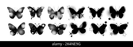 Silhouette eines Schmetterlings. Set von Schmetterlingen in verschiedenen Formen. Monochrome Vektorgrafik auf weißem Hintergrund. Stock Vektor