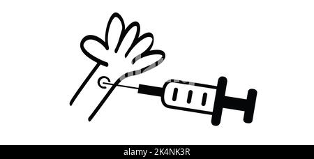 Cartoon, Comic-Injektion in der Hand. Nadelspitze. Antiviraler Virusimpfstoff. Vector Icon oder SymboolAntivirusimpfstoffe zur Vorbeugung von Epidemien, bo Stockfoto