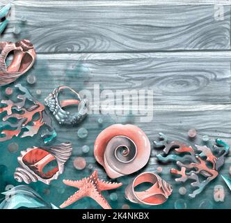 Verschiedene Muscheln und Seesterne, Korallen im Wasser auf dem Hintergrund eines Holzbretts. Aquarelldarstellung. Eine Vorlage aus einer großen Gruppe VON WALEN Stockfoto