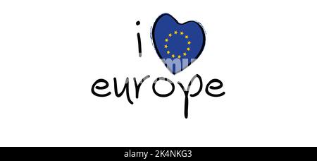 Slogan i love europe with mit den Farben der eu-Flagge. Italienische Slogans. Liebe, Herzromantik-Ikonen. Lustige Vektor besten Anführungszeichen für Banner oder Karte. H Stockfoto