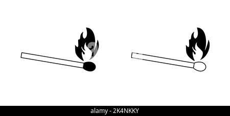 Streichholz, luziferes Zeichen. Raucher-, Feuer- oder Flammenlogo. Symbol für brennende Übereinstimmungen. Entspricht Piktogramm. Beleuchtetes Symbol für Übereinstimmung. Lustige flache Vektor-Cartoon. Rot, oder Stockfoto