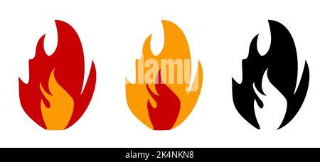 Rotes, orangefarbenes Feuer oder Flammenzeichen. Symbol für brennende Übereinstimmungen. Piktogramm anpassen. Beleuchtetes Symbol für Übereinstimmung. Lustige flache Vektor Cartoon-Logo. Brun-Flammen. Stockfoto