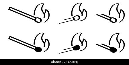 Streichholz, luziferes Zeichen. Raucher-, Feuer- oder Flammenlogo. Symbol für brennende Übereinstimmungen. Entspricht Piktogramm. Beleuchtetes Symbol für Übereinstimmung. Lustige flache Vektor-Cartoon. Rot, oder Stockfoto