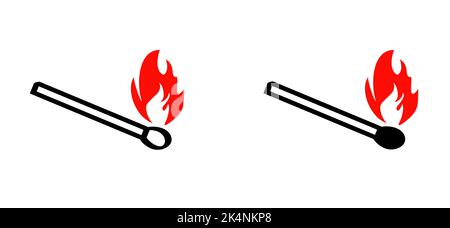 Brennender Streichholz, luzifer Zeichen. Raucher-, Feuer- oder Flammenlogo. Symbol für brennende Übereinstimmungen. Entspricht Piktogramm. Beleuchtetes Symbol für Übereinstimmung. Lustige flache Vektor-Cartoon. Stockfoto