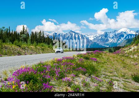 Autoreisende; Blick westlich der Saint Elias Mountains; Kluane National Park & Preserve vom Haines Highway; Yukon Territories; Kanada Stockfoto